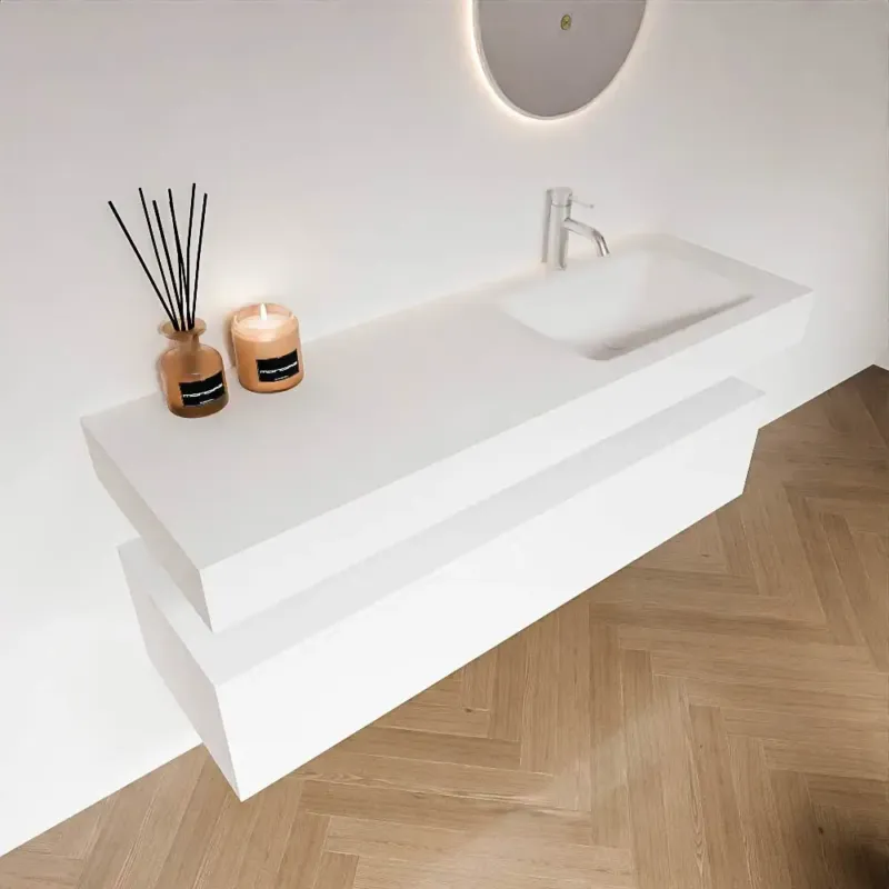 Zaro Alan badmeubel 140cm talc 1 lade met vrijhangende wastafel cloud rechts 1 kraangat talc Exclusieve Aanbieding