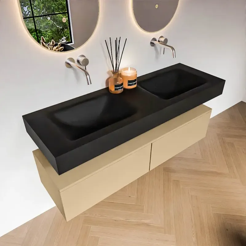 Zaro Alan badmeubel 140cm sand 2 lades met vrijhangende wastafel cloud dubbel zonder kraangat urban Superprijs