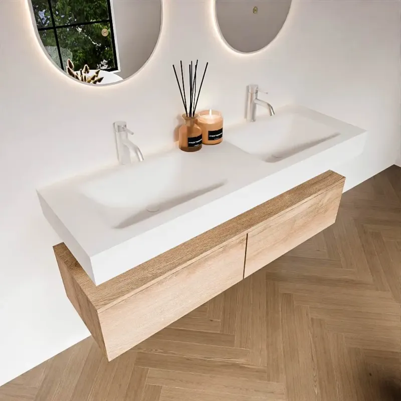 Zaro Alan badmeubel 140cm washed oak 2 lades met vrijhangende wastafel cloud dubbel 2 kraangaten talc Koop Vandaag