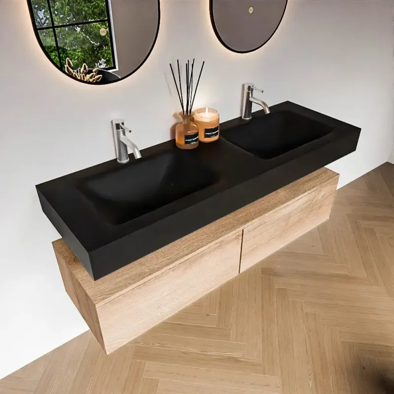 Zaro Alan badmeubel 140cm washed oak 2 lades met vrijhangende wastafel cloud dubbel 2 kraangaten urban Beperkte Voorraad