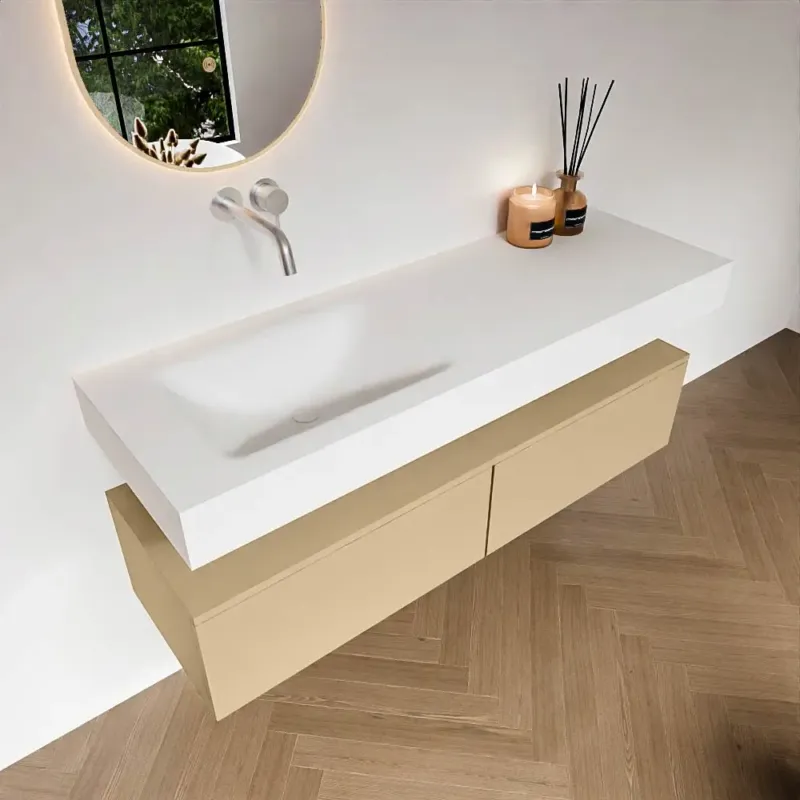 Zaro Alan badmeubel 140cm sand 2 lades met vrijhangende wastafel cloud links zonder kraangat talc Rechtstreeks Van De Fabrikant