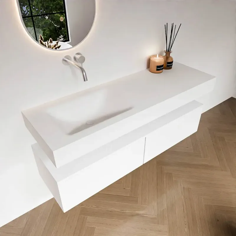 Zaro Alan badmeubel 140cm talc 2 lades met vrijhangende wastafel cloud links zonder kraangat talc Direct Beschikbaar