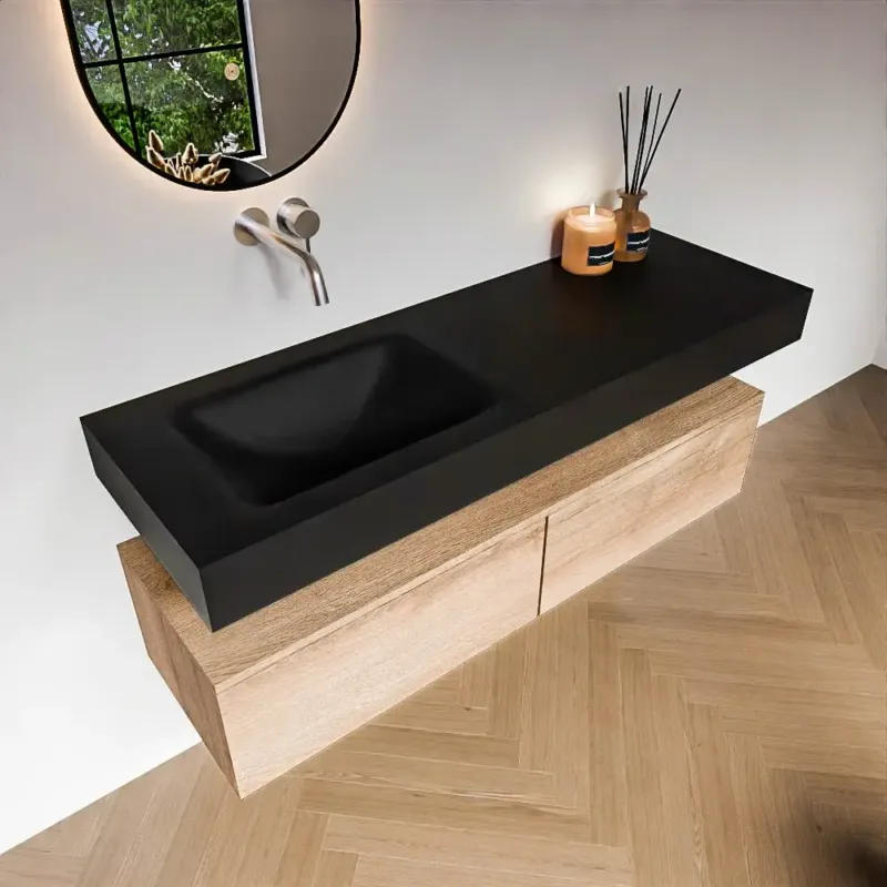 Zaro Alan badmeubel 140cm washed oak 2 lades met vrijhangende wastafel cloud links zonder kraangat urban Hete Deal