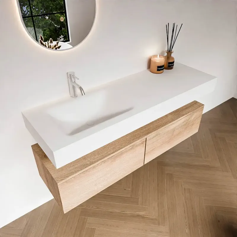 Zaro Alan badmeubel 140cm washed oak 2 lades met vrijhangende wastafel cloud links 1 kraangat talc Laatste Versie