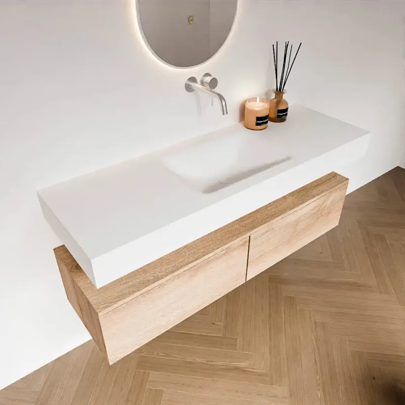 Zaro Alan badmeubel 140cm washed oak 2 lades met vrijhangende wastafel cloud midden zonder kraangat talc Koop Vandaag