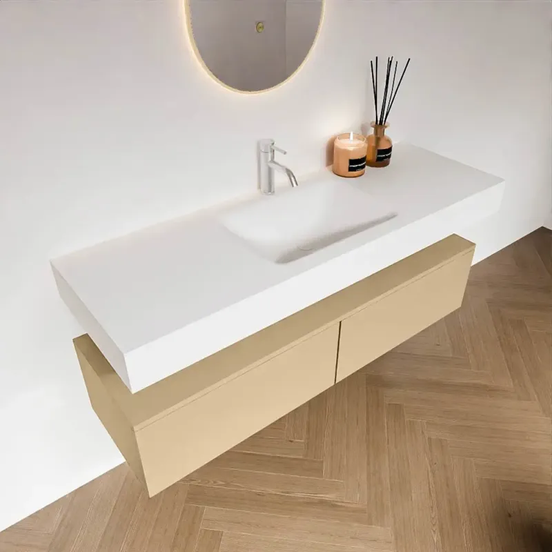 Zaro Alan badmeubel 140cm sand 2 lades met vrijhangende wastafel cloud midden 1 kraangat talc Direct Beschikbaar