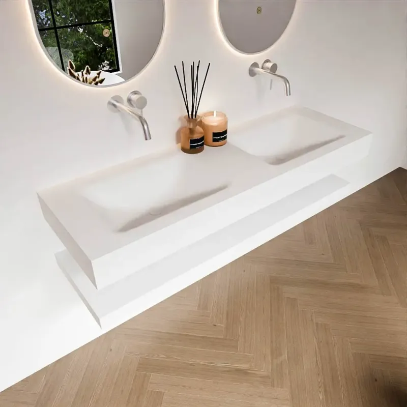 Zaro Alan badmeubel 140cm met planchet talc en vrijhangende wastafel cloud dubbel zonder kraangat talc Beste Prijs