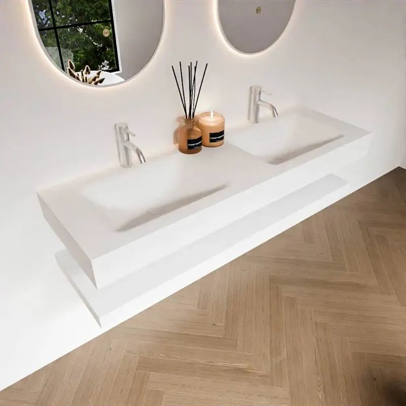 Zaro Alan badmeubel 140cm met planchet talc en vrijhangende wastafel cloud dubbel 2 kraangaten talc Voordeelprijs