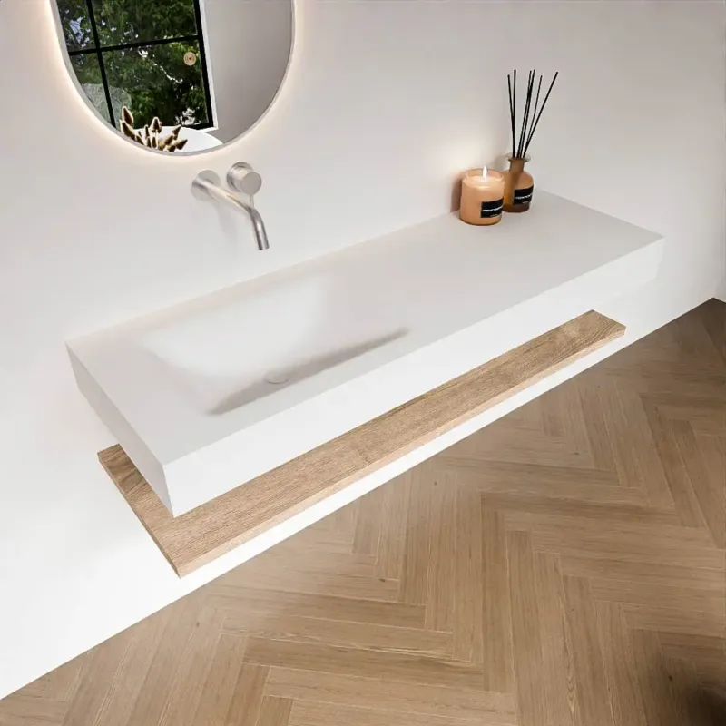 Zaro Alan badmeubel 140cm met planchet washed oak en vrijhangende wastafel cloud links zonder kraangat talc Direct Verzonden