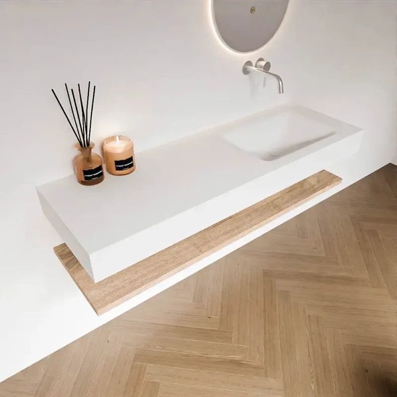 Zaro Alan badmeubel 140cm met planchet washed oak en vrijhangende wastafel cloud rechts zonder kraangat talc Voordeelprijs