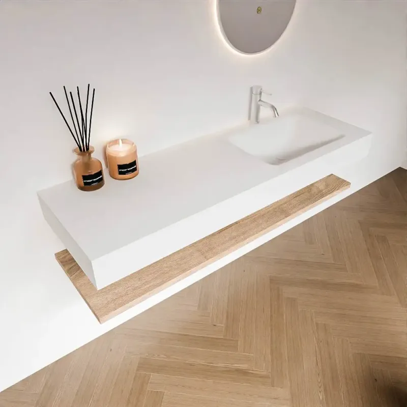 Zaro Alan badmeubel 140cm met planchet washed oak en vrijhangende wastafel cloud rechts 1 kraangat talc Gereduceerde Prijs