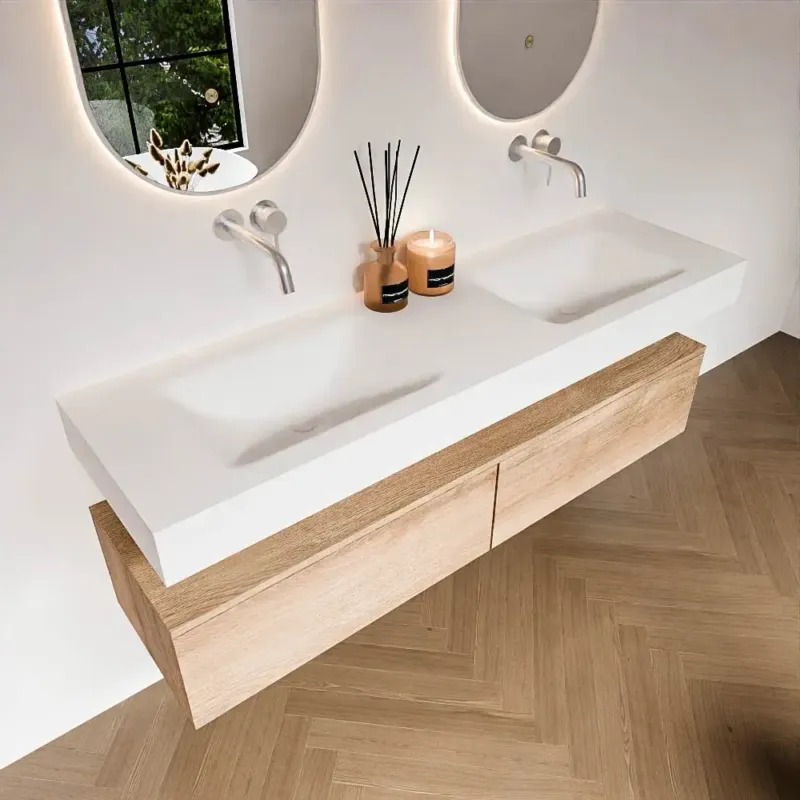 Beperkt Aanbod Zaro Alan badmeubel 160cm washed oak 2 lades met vrijhangende wastafel cloud dubbel zonder kraangat talc