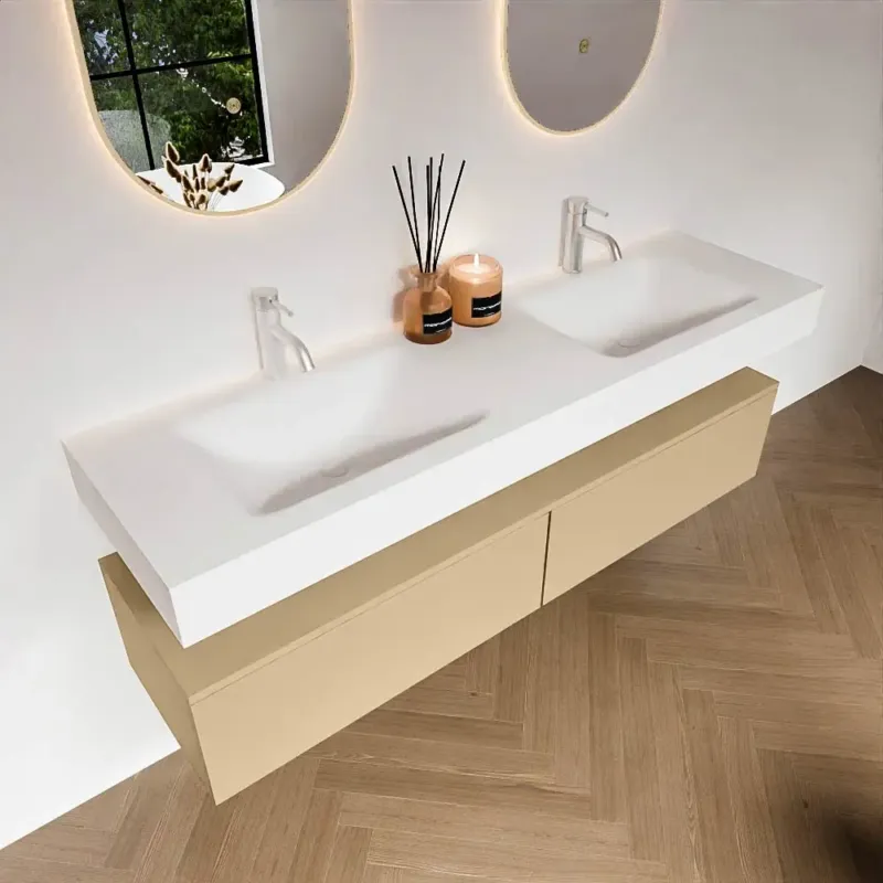 Zaro Alan badmeubel 160cm sand 2 lades met vrijhangende wastafel cloud dubbel 2 kraangaten talc Laatste Kans