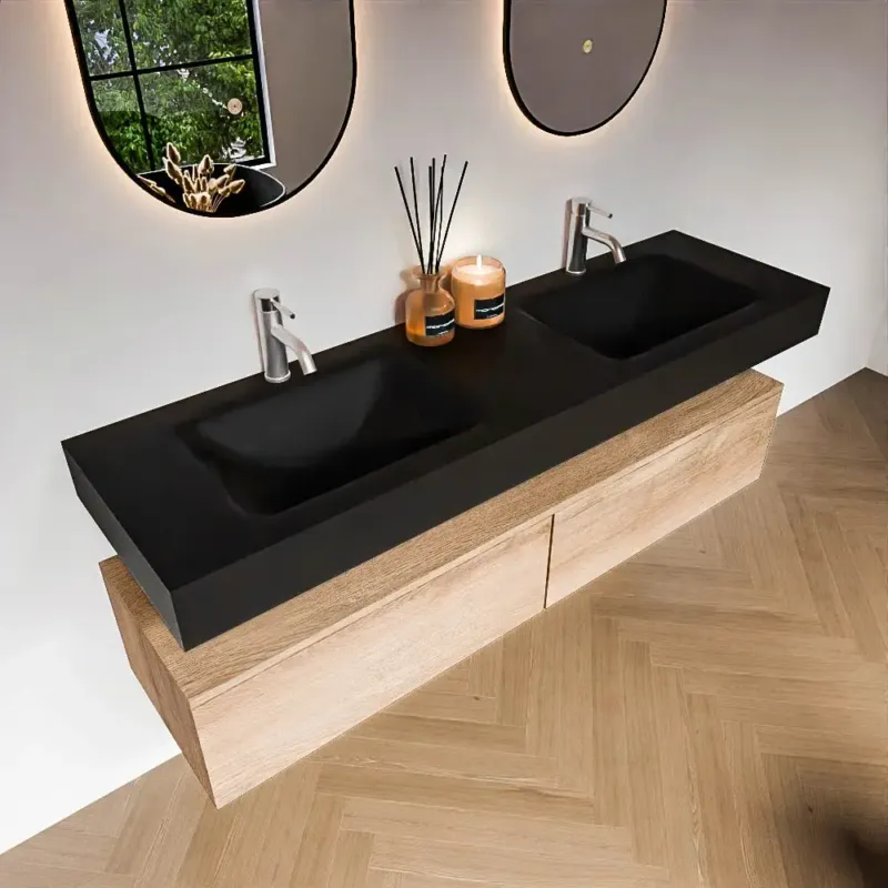 Zaro Alan badmeubel 160cm washed oak 2 lades met vrijhangende wastafel cloud dubbel 2 kraangaten urban Gecertificeerd