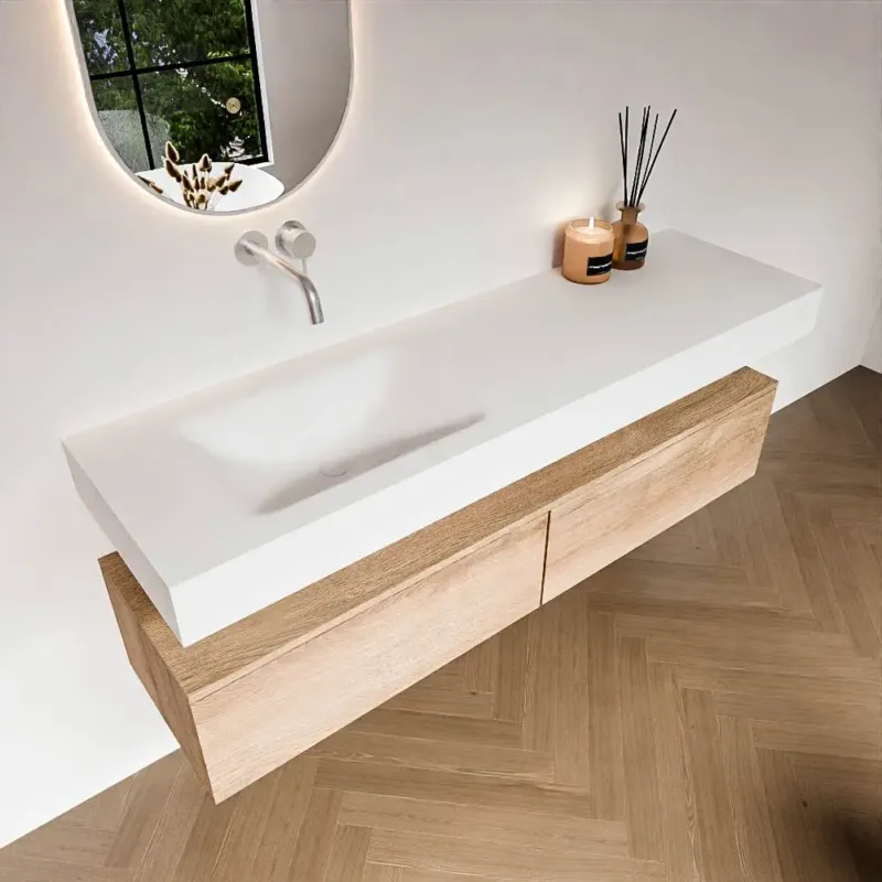 Zaro Alan badmeubel 160cm washed oak 2 lades met vrijhangende wastafel cloud links zonder kraangat talc Favoriet