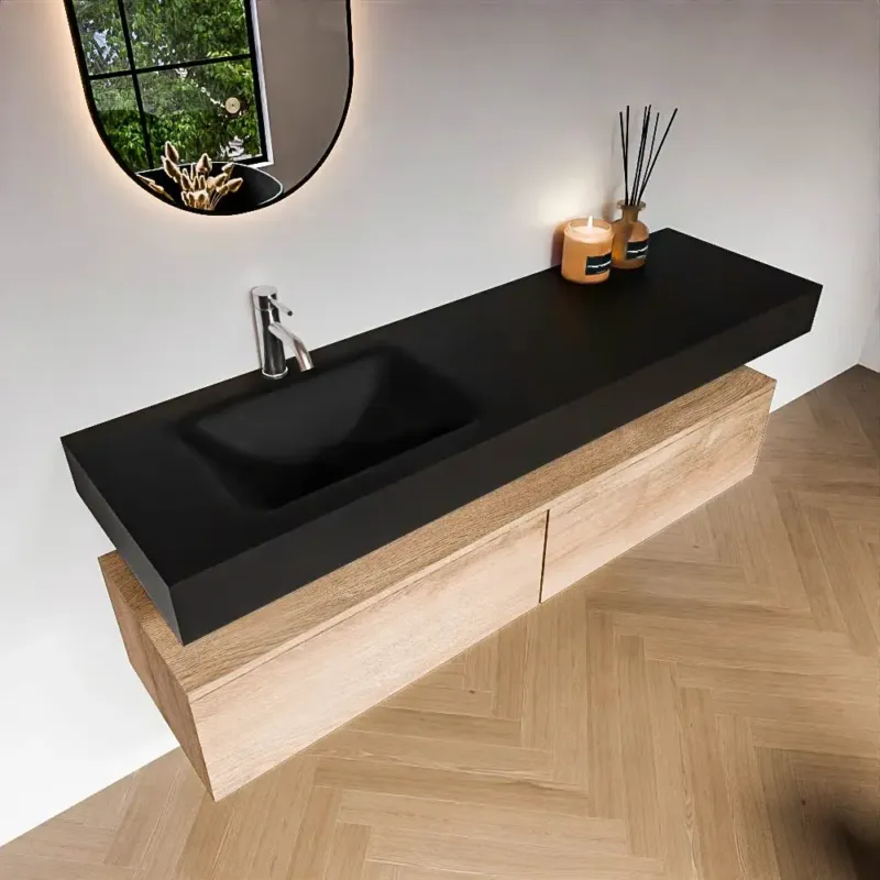 Zaro Alan badmeubel 160cm washed oak 2 lades met vrijhangende wastafel cloud links 1 kraangat urban Premium