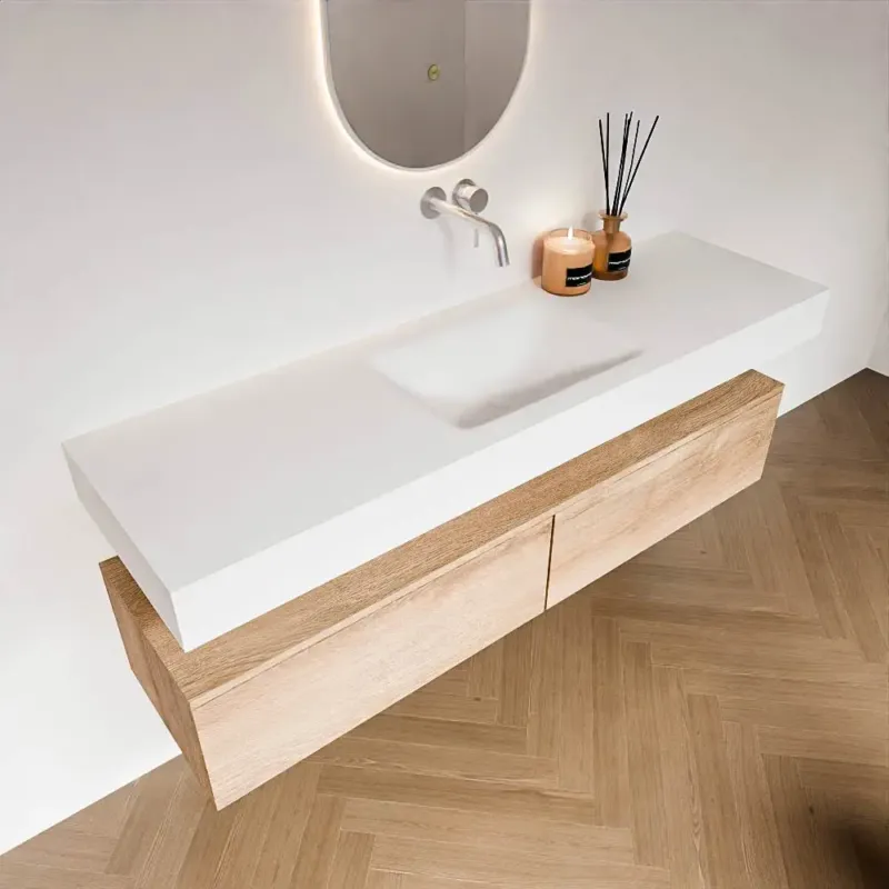 Zaro Alan badmeubel 160cm washed oak 2 lades met vrijhangende wastafel cloud midden zonder kraangat talc Gratis Retour