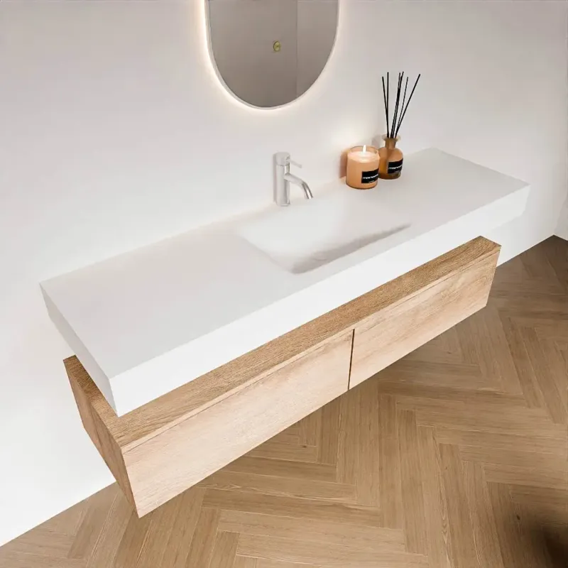 Zaro Alan badmeubel 160cm washed oak 2 lades met vrijhangende wastafel cloud midden 1 kraangat talc Shop Nu