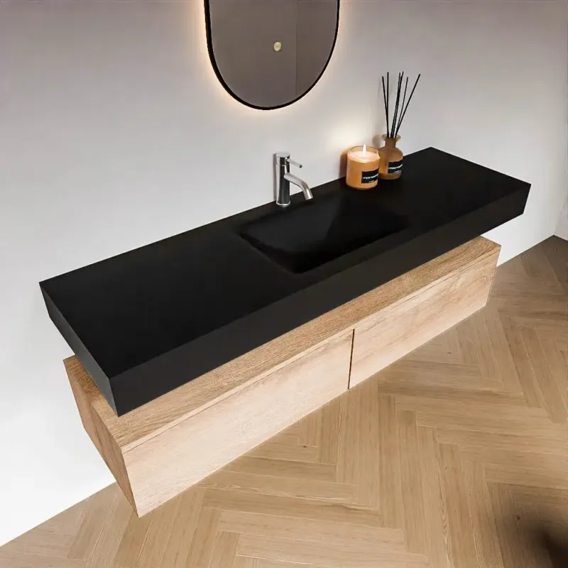 Beperkt Aanbod Zaro Alan badmeubel 160cm washed oak 2 lades met vrijhangende wastafel cloud midden 1 kraangat urban