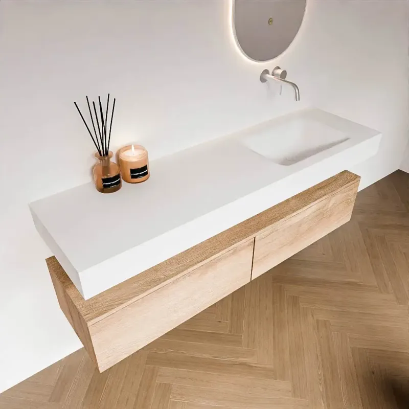 Zaro Alan badmeubel 160cm washed oak 2 lades met vrijhangende wastafel cloud rechts zonder kraangat talc Superprijs