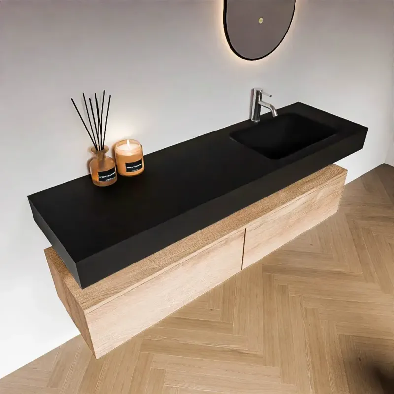 Zaro Alan badmeubel 160cm washed oak 2 lades met vrijhangende wastafel cloud rechts 1 kraangat urban Koop Online