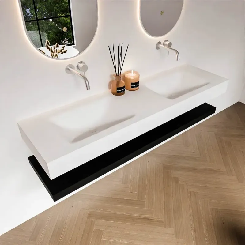 Zaro Alan badmeubel 160cm met planchet urban en vrijhangende wastafel cloud dubbel zonder kraangat talc Seizoensaanbieding