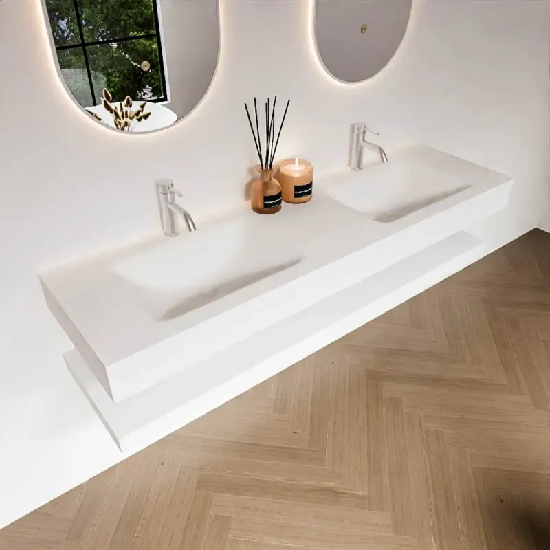 Zaro Alan badmeubel 160cm met planchet talc en vrijhangende wastafel cloud dubbel 2 kraangaten talc Alleen Vandaag