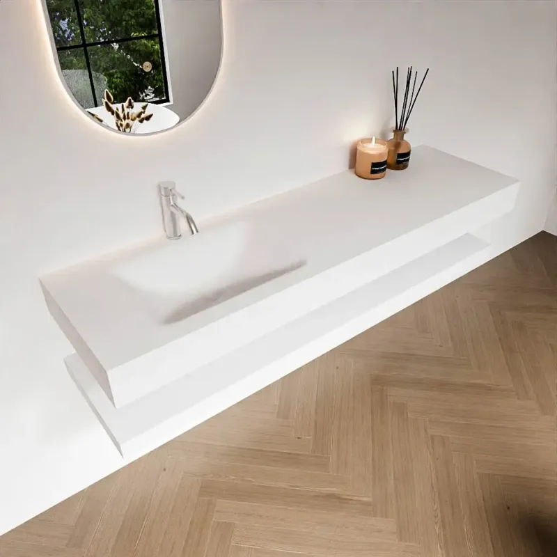 Zaro Alan badmeubel 160cm met planchet talc en vrijhangende wastafel cloud links 1 kraangat talc Beperkt Aanbod