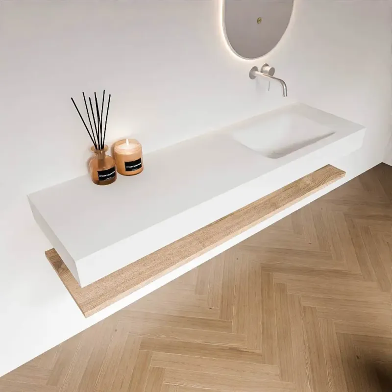 Zaro Alan badmeubel 160cm met planchet washed oak en vrijhangende wastafel cloud rechts zonder kraangat talc Uitverkoop