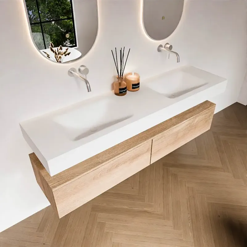 Zaro Alan badmeubel 170cm washed oak 2 lades met vrijhangende wastafel cloud dubbel zonder kraangat talc Superprijs