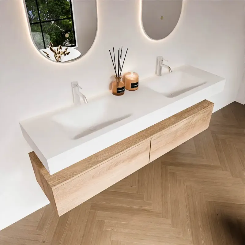 Zaro Alan badmeubel 170cm washed oak 2 lades met vrijhangende wastafel cloud dubbel 2 kraangaten talc Dagaanbieding