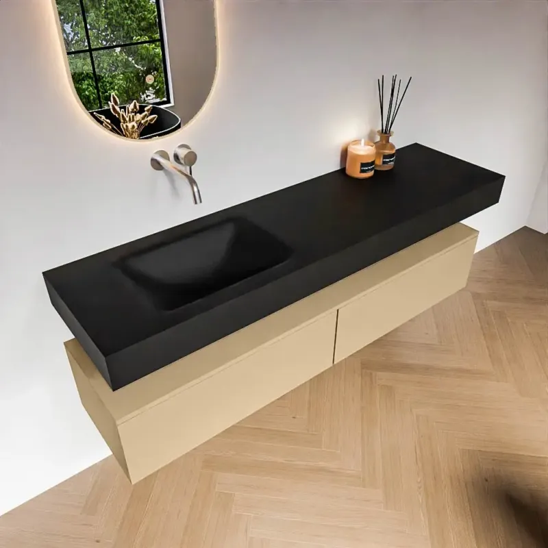 Fabrieksprijs Zaro Alan badmeubel 170cm sand 2 lades met vrijhangende wastafel cloud links zonder kraangat urban
