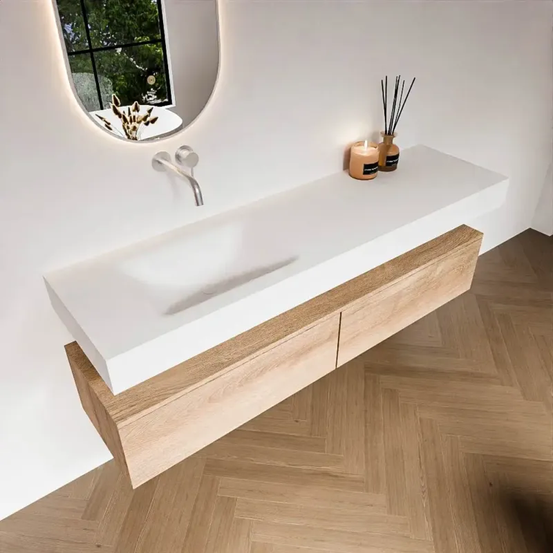 Zaro Alan badmeubel 170cm washed oak 2 lades met vrijhangende wastafel cloud links zonder kraangat talc Alleen Vandaag