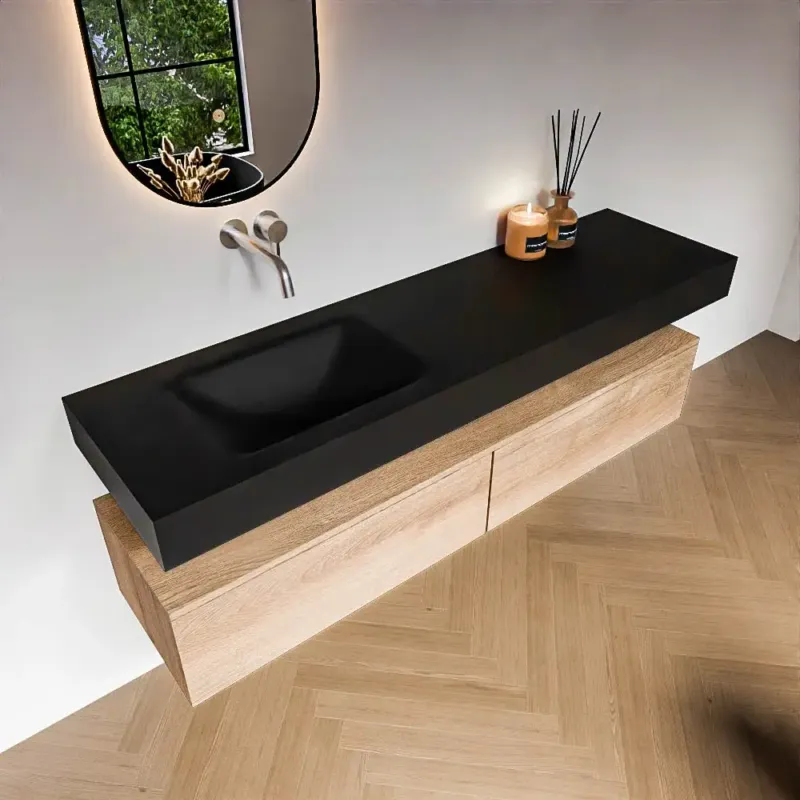Beste Prijs Zaro Alan badmeubel 170cm washed oak 2 lades met vrijhangende wastafel cloud links zonder kraangat urban