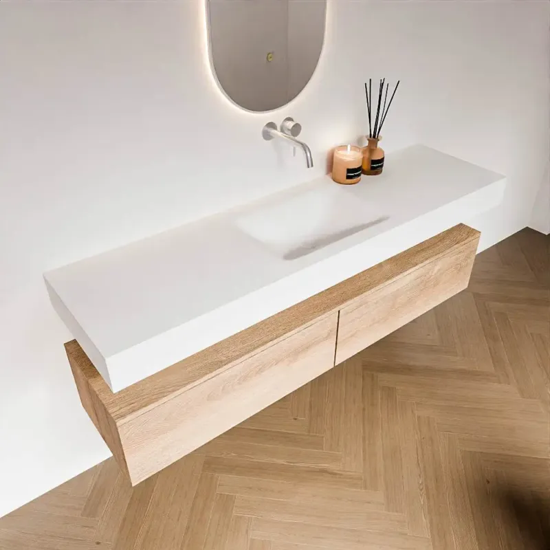Zaro Alan badmeubel 170cm washed oak 2 lades met vrijhangende wastafel cloud midden zonder kraangat talc Premium