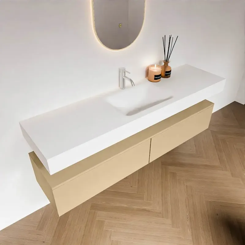 Aanbieding Zaro Alan badmeubel 170cm sand 2 lades met vrijhangende wastafel cloud midden 1 kraangat talc