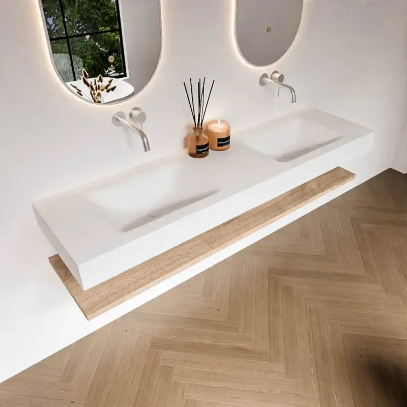 Zaro Alan badmeubel 170cm met planchet washed oak en vrijhangende wastafel cloud dubbel zonder kraangat talc Koop Vandaag