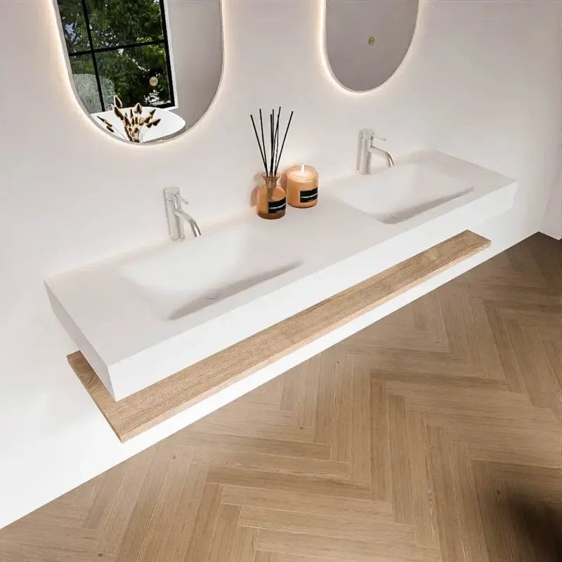 Zaro Alan badmeubel 170cm met planchet washed oak en vrijhangende wastafel cloud dubbel 2 kraangaten talc Koop Vandaag