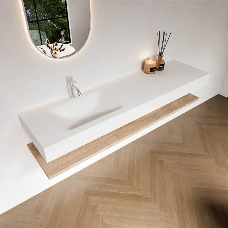 Zaro Alan badmeubel 170cm met planchet washed oak en vrijhangende wastafel cloud links 1 kraangat talc Koop Vandaag