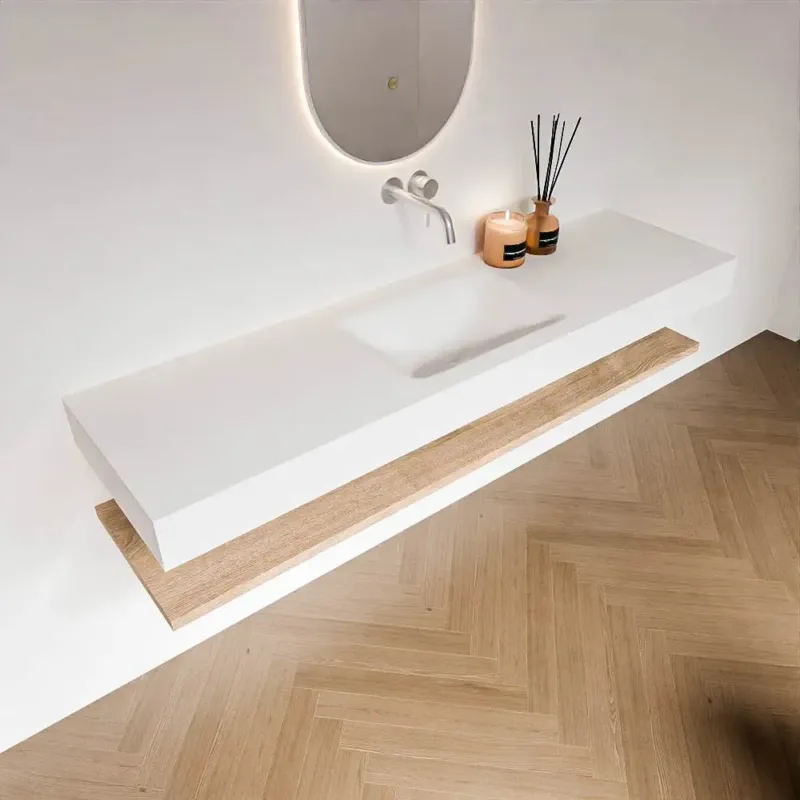 Aanbieding Zaro Alan badmeubel 170cm met planchet washed oak en vrijhangende wastafel cloud midden zonder kraangat talc