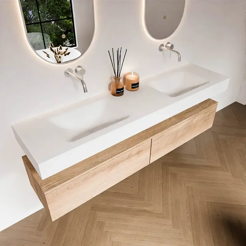 Zaro Alan badmeubel 180cm washed oak 2 lades met vrijhangende wastafel cloud dubbel zonder kraangat talc Superprijs