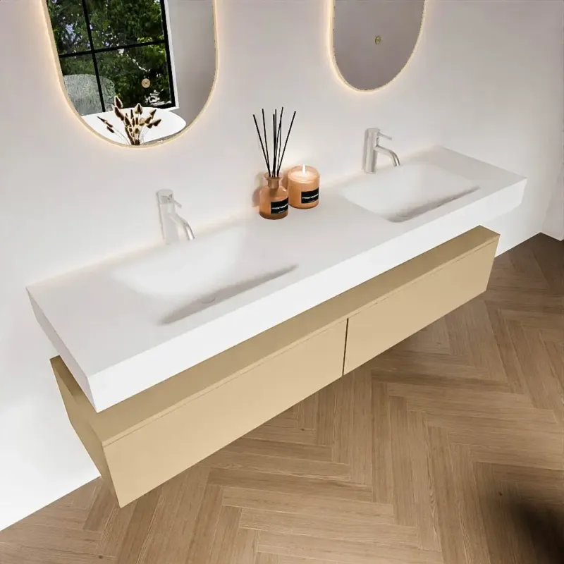 Zaro Alan badmeubel 180cm sand 2 lades met vrijhangende wastafel cloud dubbel 2 kraangaten talc Lage Kosten