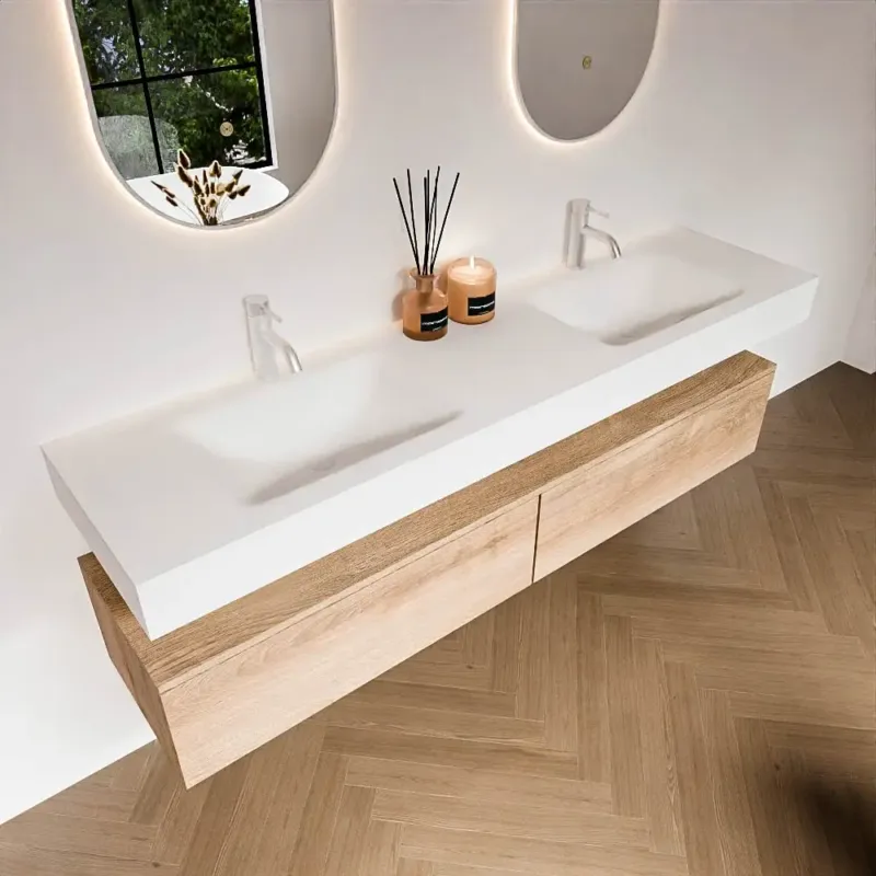 Nieuw Zaro Alan badmeubel 180cm washed oak 2 lades met vrijhangende wastafel cloud dubbel 2 kraangaten talc