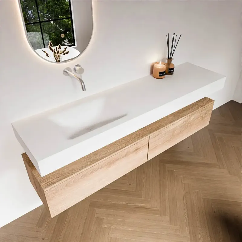 Zaro Alan badmeubel 180cm washed oak 2 lades met vrijhangende wastafel cloud links zonder kraangat talc Hete Deal