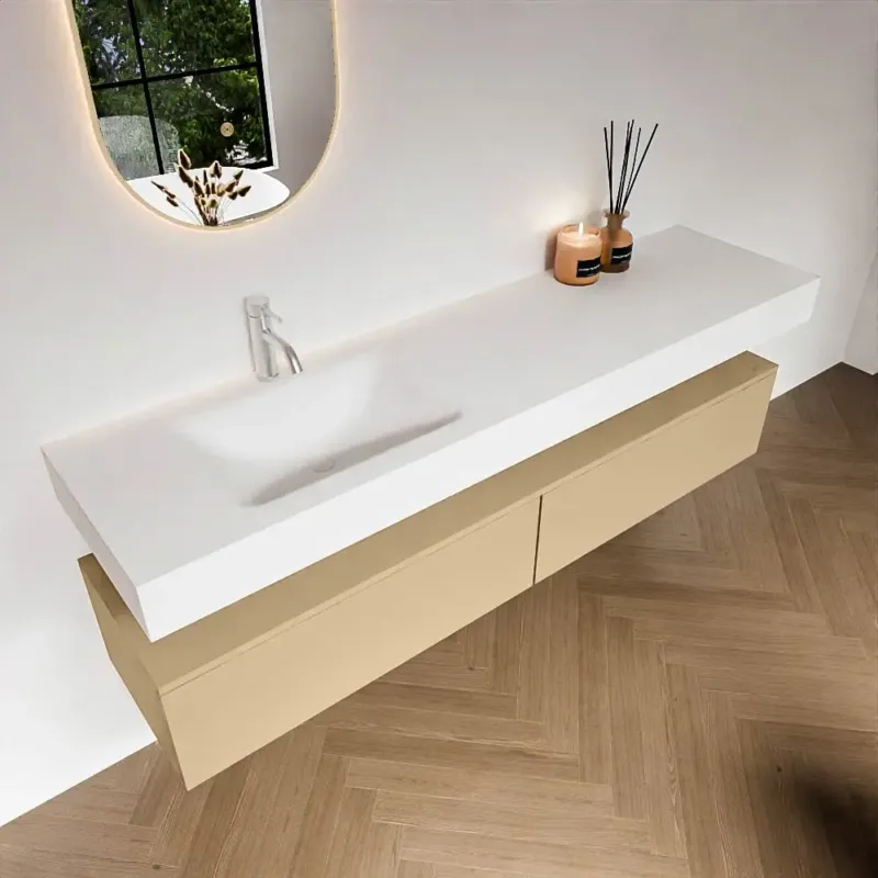 Zaro Alan badmeubel 180cm sand 2 lades met vrijhangende wastafel cloud links 1 kraangat talc Premium