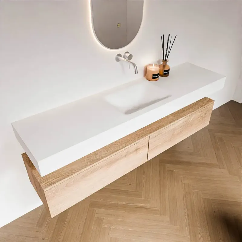 Zaro Alan badmeubel 180cm washed oak 2 lades met vrijhangende wastafel cloud midden zonder kraangat talc Laatste Versie