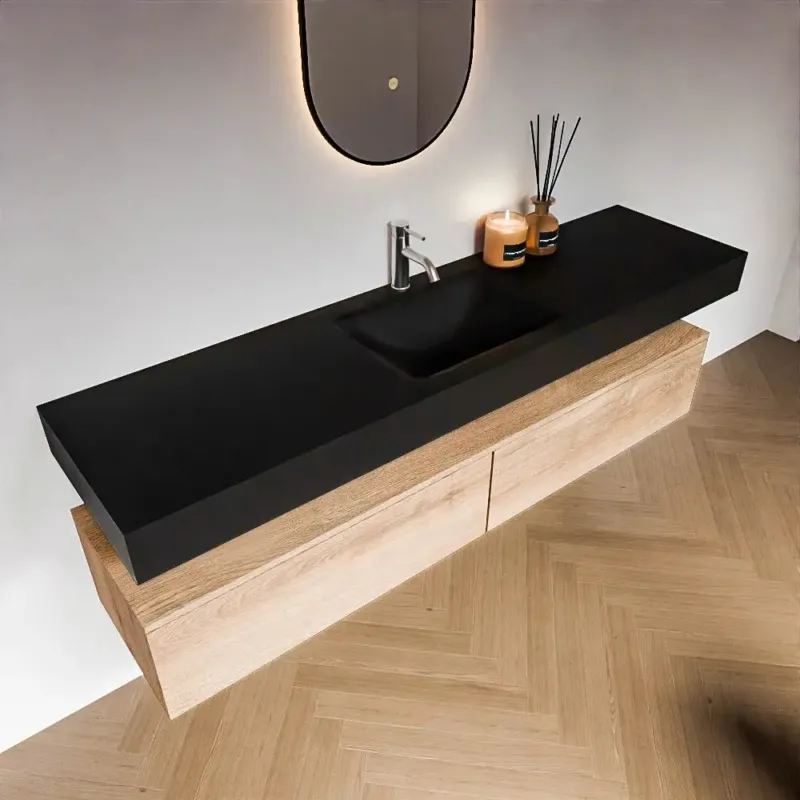 Zaro Alan badmeubel 180cm washed oak 2 lades met vrijhangende wastafel cloud midden 1 kraangat urban Laatste Versie