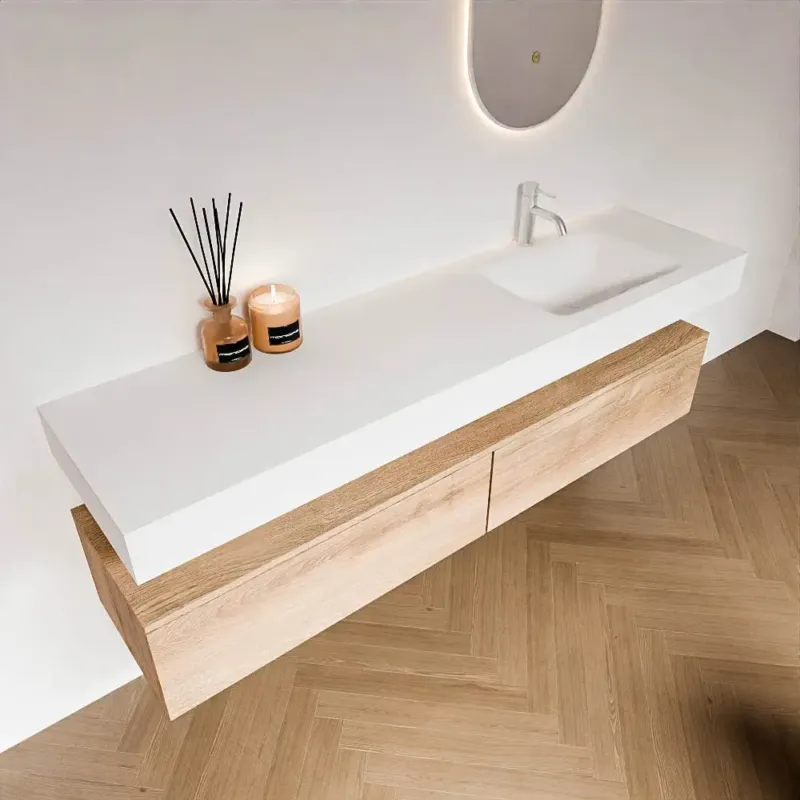 Zaro Alan badmeubel 180cm washed oak 2 lades met vrijhangende wastafel cloud rechts 1 kraangat talc Weekendaanbieding