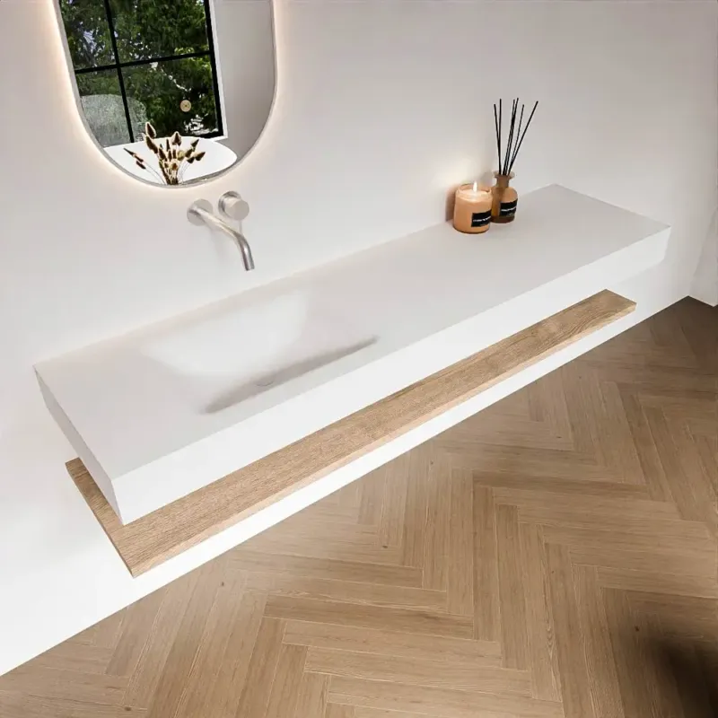 Zaro Alan badmeubel 180cm met planchet washed oak en vrijhangende wastafel cloud links zonder kraangat talc Nu Kopen