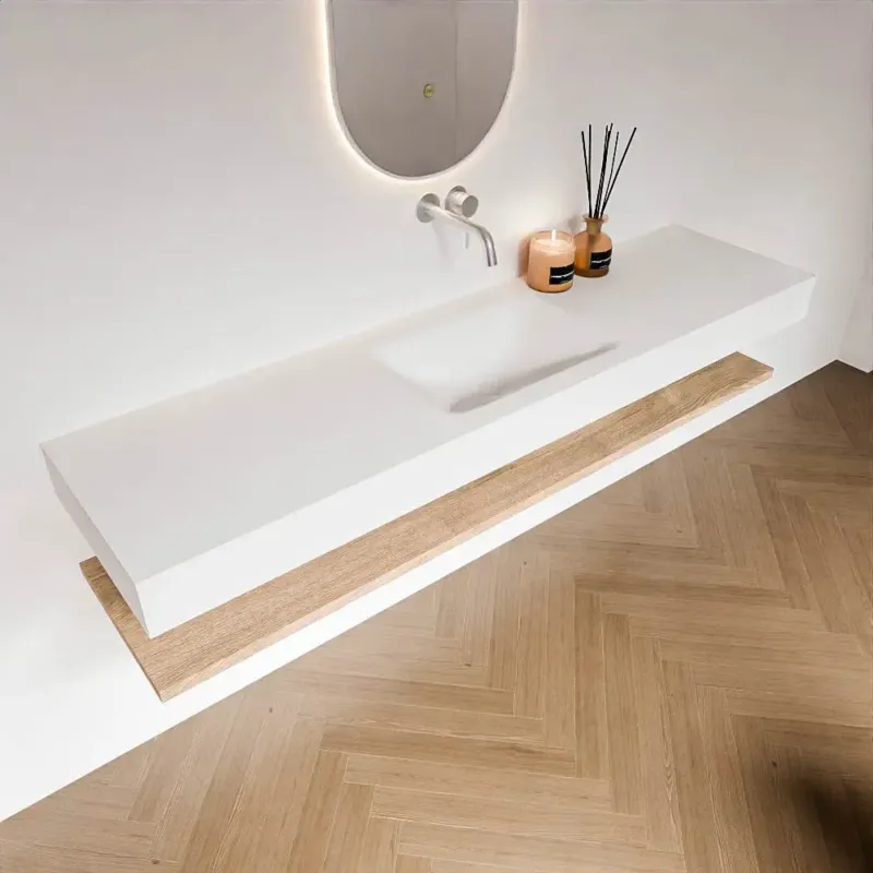 Betrouwbaar Zaro Alan badmeubel 180cm met planchet washed oak en vrijhangende wastafel cloud midden zonder kraangat talc
